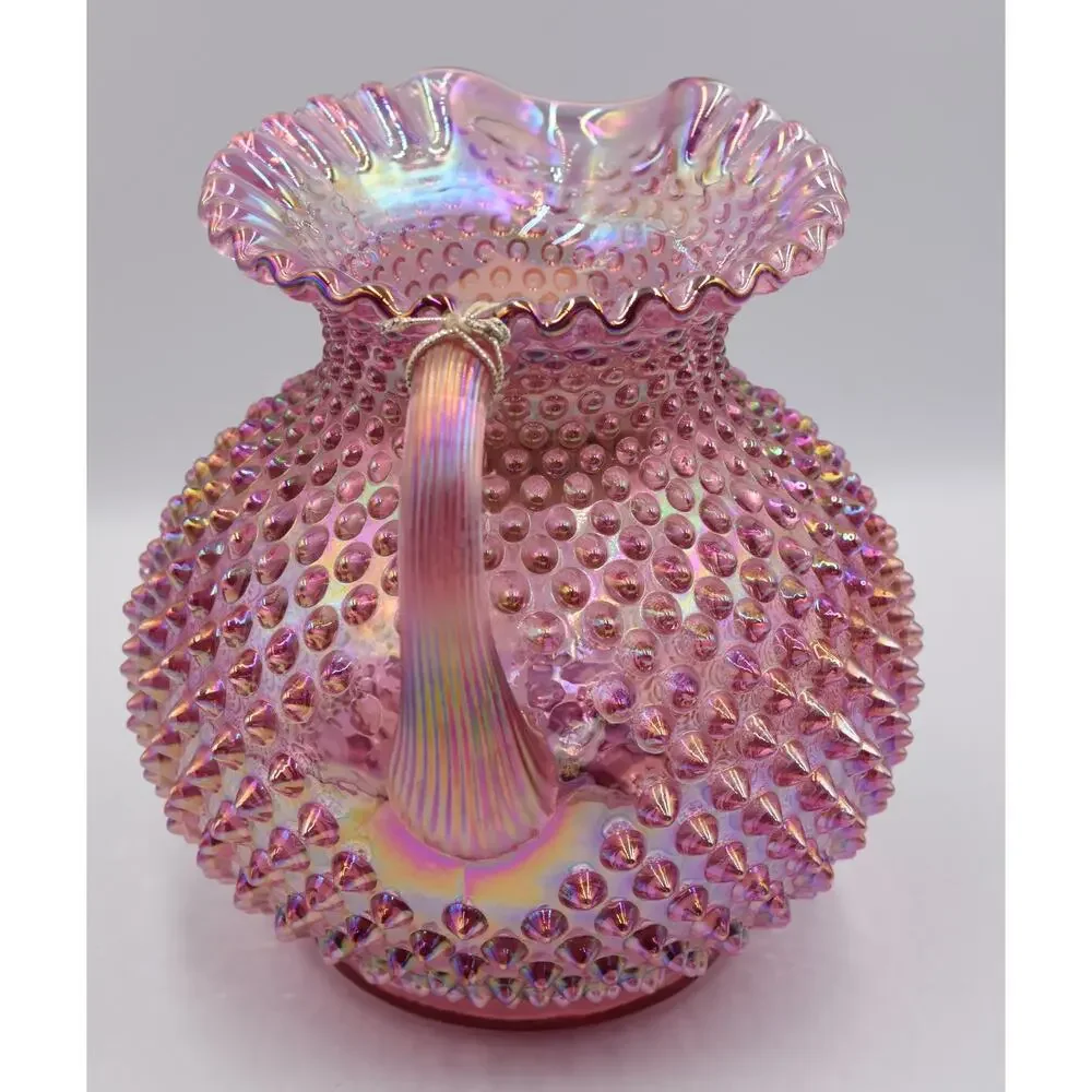Vintage Fenton Hobnail Pink Opalescent Carnival Glass Art Crimped Top Pitcher